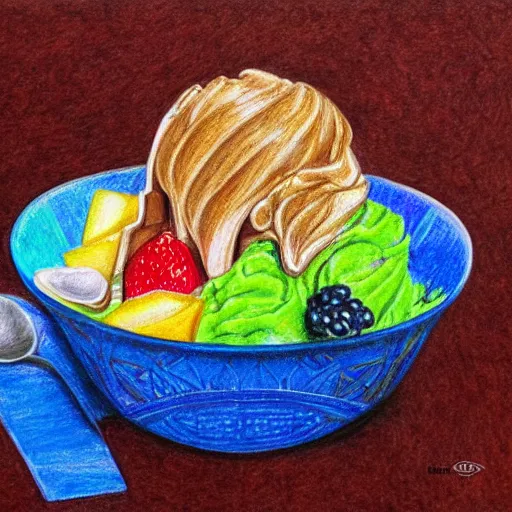 Prompt: Colored pencil art on paper, Ice Cream Fudge Sundae in a bowl with fruit toppings, highly detailed, artstation, MasterPiece, Award-Winning, Caran d'Ache Luminance