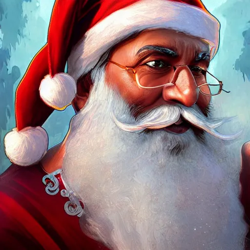 Image similar to Hanif Bali as Santa Claus, closeup, D&D, fantasy, intricate, elegant, highly detailed, digital painting, artstation, concept art, matte, sharp focus, illustration, hearthstone, art by Artgerm and Greg Rutkowski and Alphonse Mucha