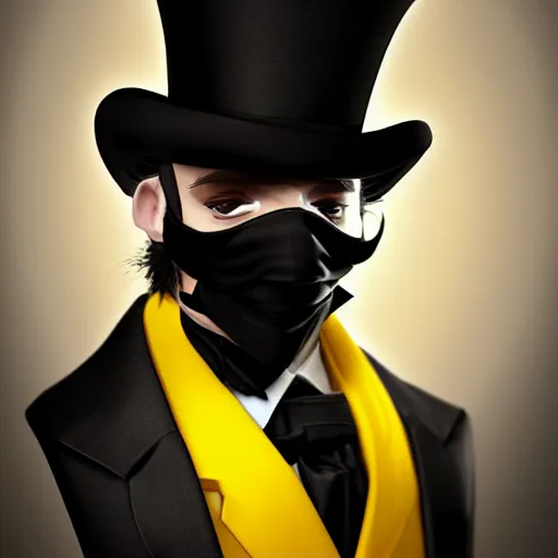 Image similar to a highly detailed portrait of a man in a high top hat covering his face, in a black tailcoat with a yellow waistcoat under the tailcoat, artstation, deviantart, professional, unreal engine 5, photorealistic