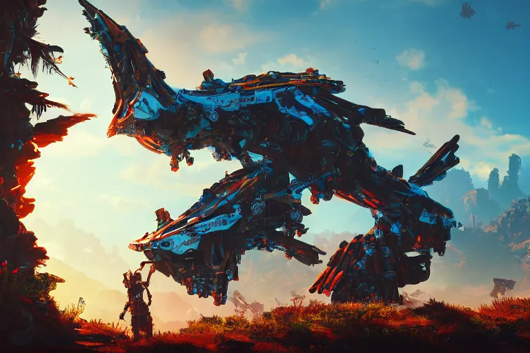 Image similar to sunwing machine mecanical creature robot of horizon forbidden west horizon zero dawn bioluminiscence global illumination ray tracing hdr fanart arstation by ian pesty and alena aenami artworks in 4 k