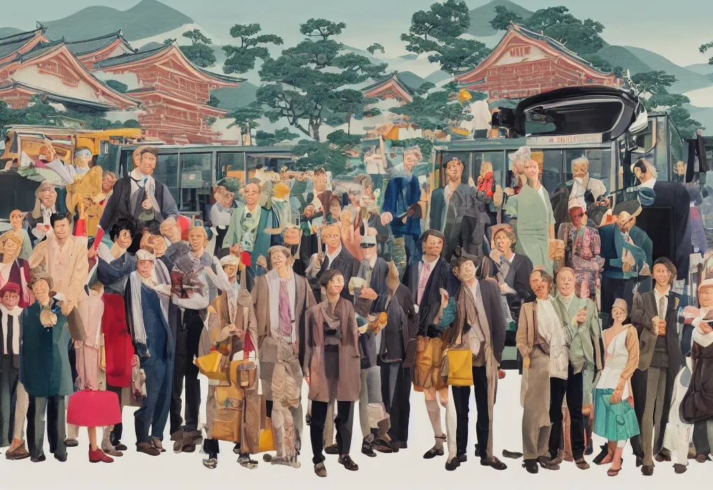 Image similar to full body portrait of a group, a row of a several european tourists getting off a tour bus, standing with a variety of poses and props, several character designs, sightseeing in rural japan, a detailed painting, in the style of wes anderson, lola dupre, david hockney, isolated on negative white space background dark monochrome neon spraypaint accents volumetric octane render