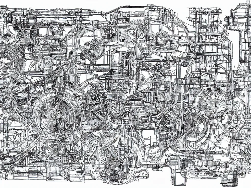 Image similar to a very detailed technically accurate blueprint of futuristic machinery, highly detailed