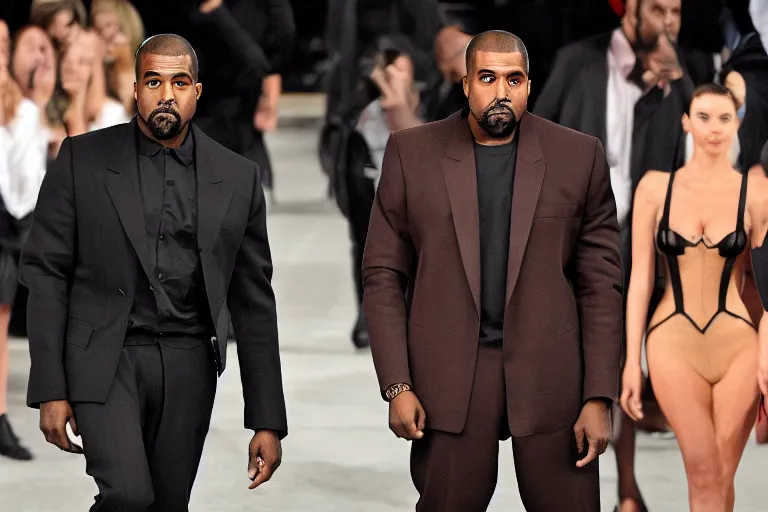 Prompt: kanye west wearing a suit made of steak, runway photo