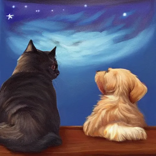 Image similar to A painting of a dog and a cat staring up at the night sky from https://www.artstation.com/smartist