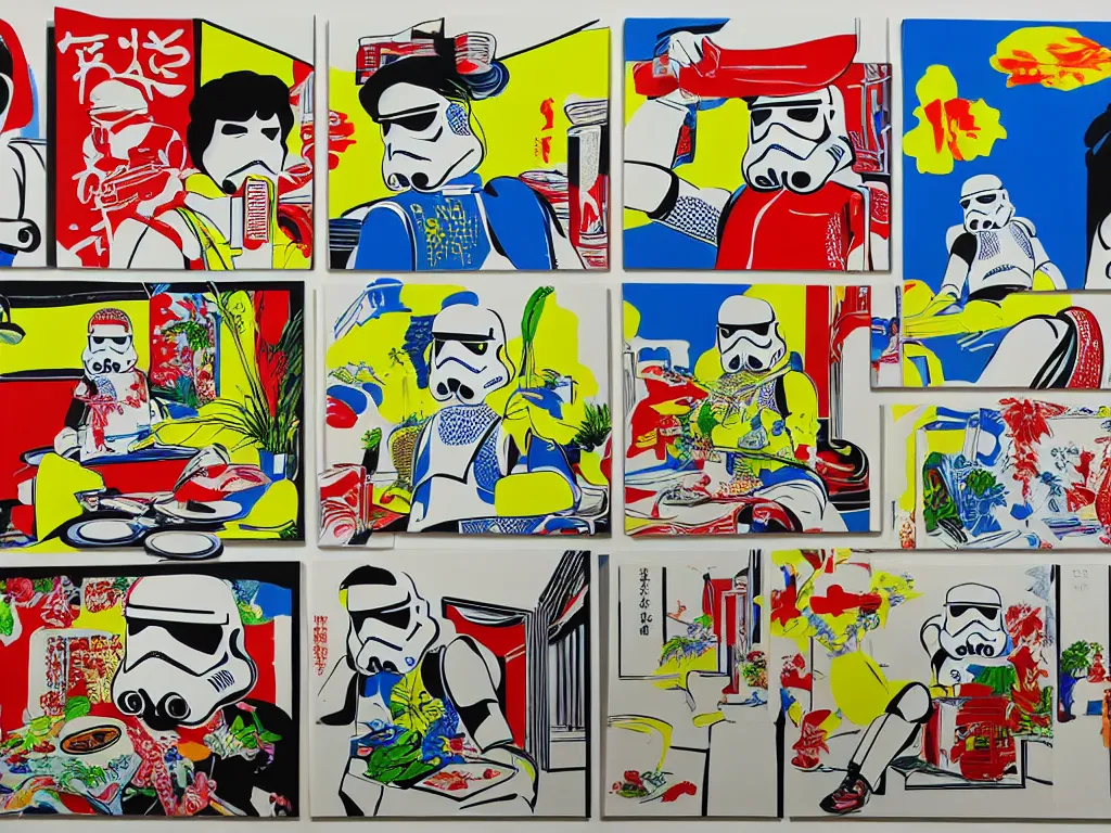 Image similar to hyperrealism composition of the asian home with a garden, detailed stormtrooper in hot springs, pop - art style, jacky tsai style, andy warhol style, roy lichtenstein, acrylic on canvas