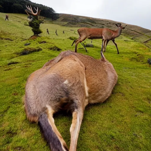 Prompt: giant deer god bigger than a mountain looks down on a stone age settlement