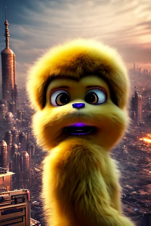 Prompt: high quality 3 d render very cute fluffy cyborg!! hanuman with gold nose piercings, highly detailed, cyberpunk mumbai in the background, unreal engine cinematic smooth, in the style of solaris & detective pikachu, hannah yata charlie immer, moody light, low angle, uhd 8 k, sharp focus