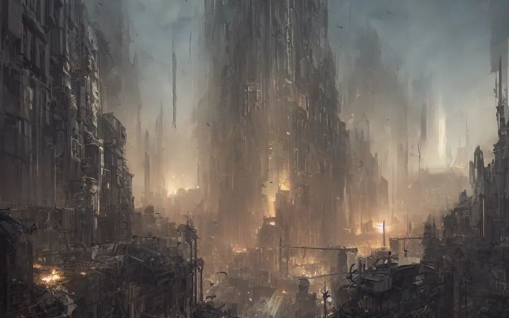 Prompt: apocalyptic city, concept art by greg rutkowski, highly detailed, 8 k, trending on artstationhq