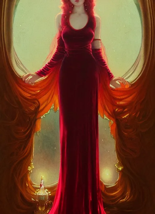 Image similar to ombre velvet gown, lovely queen, portrait, long red hair, small crown, dozens of jeweled necklaces, feral languid woman, by greg rutkowski, anato finnstark, alphonse mucha, global illumination, radiant light