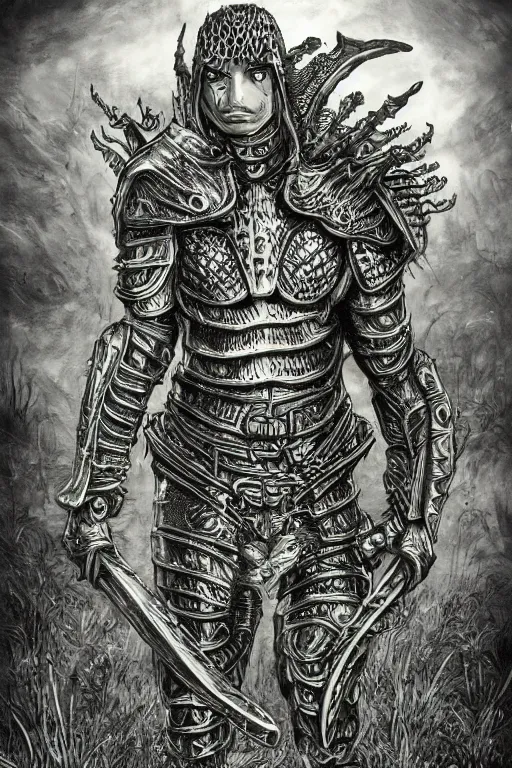 Prompt: humanoid tadpole warrior, wearing armour, swamp, symmetrical, highly detailed, digital art, sharp focus, trending on art station, kentaro miura manga art style