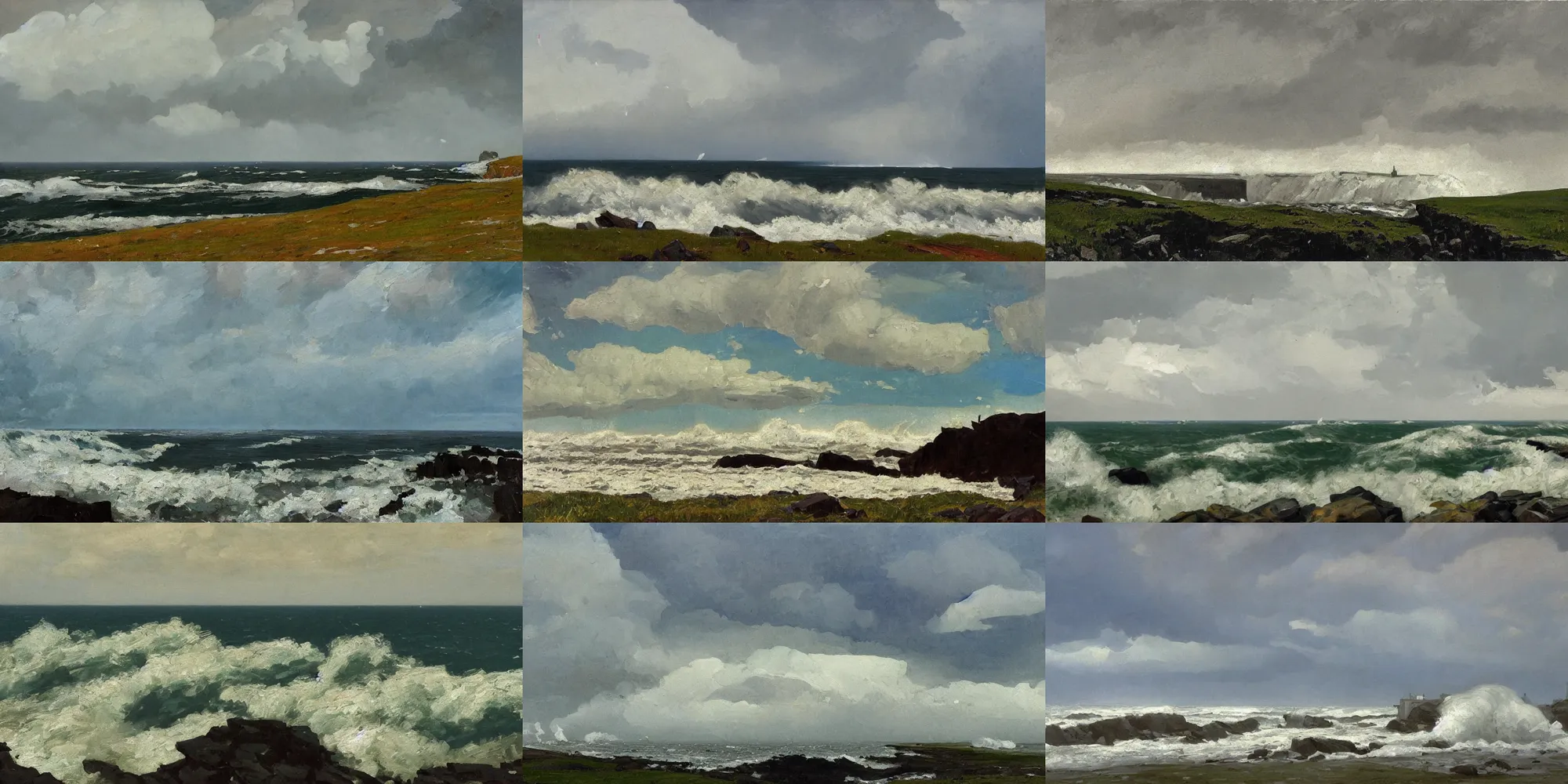 Prompt: painting in the style of Isaac Levitan, Savrasov, arkhip kuindzhi and ivan shishkin, T Allen Lawson and Ian Fisher and sidney richard percy, sea storm and big waves cliffs, coast, strong wind, road to the sea, low clouds after rain, wet grass and black stones, dream heavenly cloudy sky, horzon, hurricane stromy clouds, small village, forests and mountains at sunset sunrise, volumetric lighting, very beautiful scenery, pastel colors, ultra view angle view