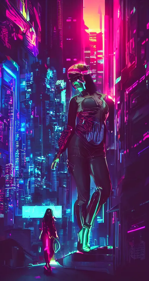 Image similar to cyberpunk women, high detail, city, neon lights, glow, sunset, atmospheric, cinematic, in style of retrowave ,