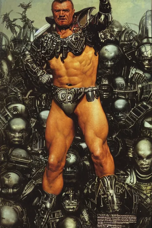 Image similar to full length portrait of mariusz pudzianowski as an armoured hulking marvel villain fighting extraterrestrial invaders in new york, dynamic action, by lawrence alma tadema and zdzislaw beksinski and norman rockwell and jack kirby and tom lovell and greg staples and michael alford