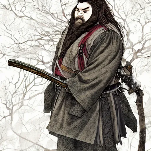 Image similar to detailed portrait of hagrid samurai with swords and steampunk rifles, in snow forest sakura cherry blossom, hakama kimono, trending on artstation elite, elegant, luxury, by krenz cushart, junji ito, takato yamamoto, perfect face, fine details, realistic shaded, fine - face, pretty face