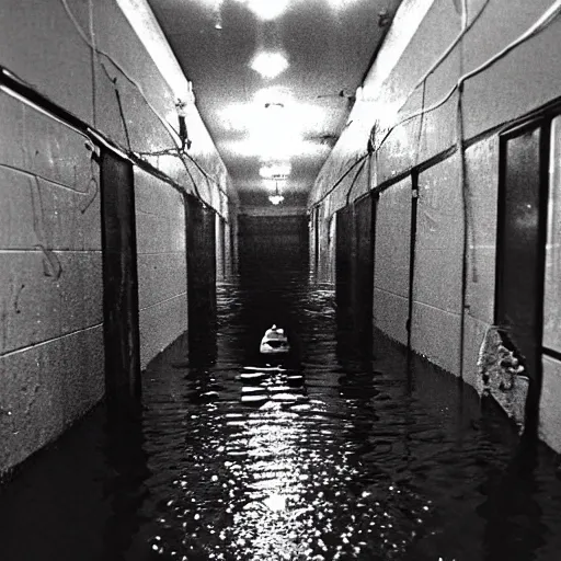Prompt: a creepy clown at a flooded basement hallway. craiglist photo.