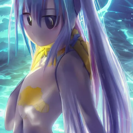 Image similar to rimuru tempest from that time i got reincarnated as a slime, with long blue hair in a ponytail, with bangs, pale skin, yellow eyes, fully clothed in red robes, highly detailed, 8 k, octane render, trending on pixiv, realistic, volumetric lighting, rippling water, sprites, god rays,