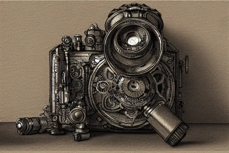 Prompt: a steampunk camera film by gustave dore, trending on artstation