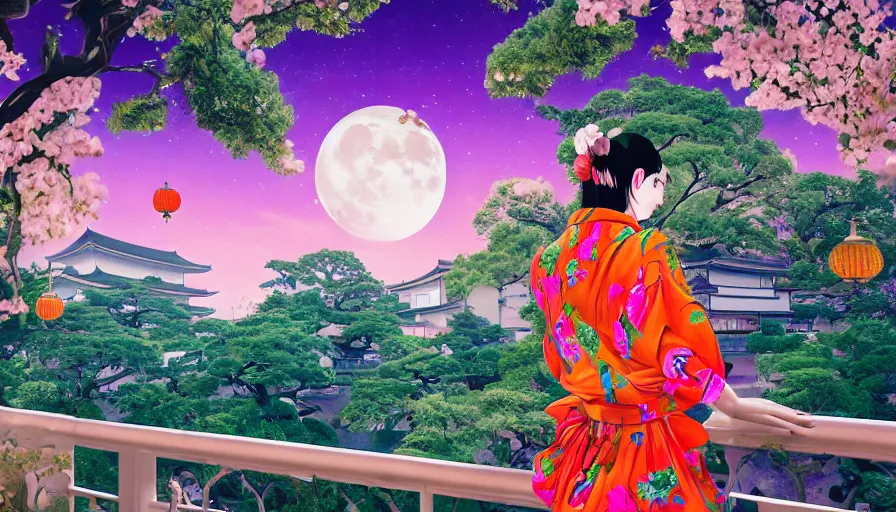 Prompt: a vibrant dream of a beautiful girl wearing gucci from behind on a balcony looking out over a dreamy street in kyoto japan, lush plants, the moon is big an in the city, glowing paper lanterns, high fashion, magic details, by james jean, hd, 8 k, trending on artstation, uhd,