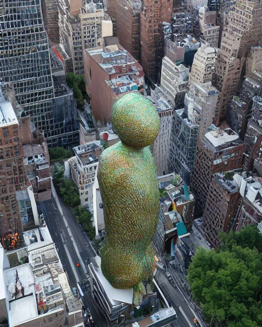 Image similar to aerial view of a gargantuan public art sculpture, Manhattan, by Damien hirst