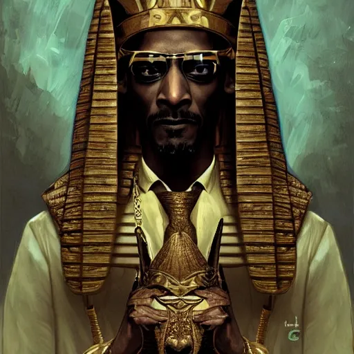 Image similar to Snoop Dogg as the egyptian god Anubis, D&D, fantasy, intricate, cinematic lighting, highly detailed, digital painting, artstation, concept art, smooth, sharp focus, illustration, art by Akihiko Yoshida, Greg Rutkowski and Alphonse Mucha