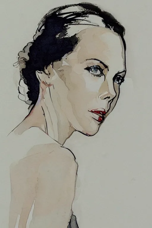 Image similar to beautiful portrait of Charlize Theron by Milo manara and David downton, colorless, silent, watercolor