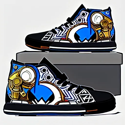 Image similar to fantasy jrpg sneaker design designed by capcom megaman, chrono trigger guilty gear sneaker styles, aztec mayan street fashion native punk sneaker design, focus on megaman hip hop sneaker design with subtle mayan patterns, trending on pixiv fanbox, painted by akira toriyama and studio ghibli princess mononoke megaman capcom