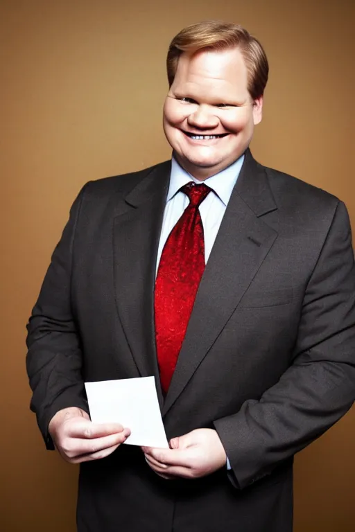 Prompt: full body shot, andy richter wearing a brown suit and necktie and black work boots, ultra hd photo, 3 5 mm close up, fish eye, realistic, smiling, holding a postcard from chicago,