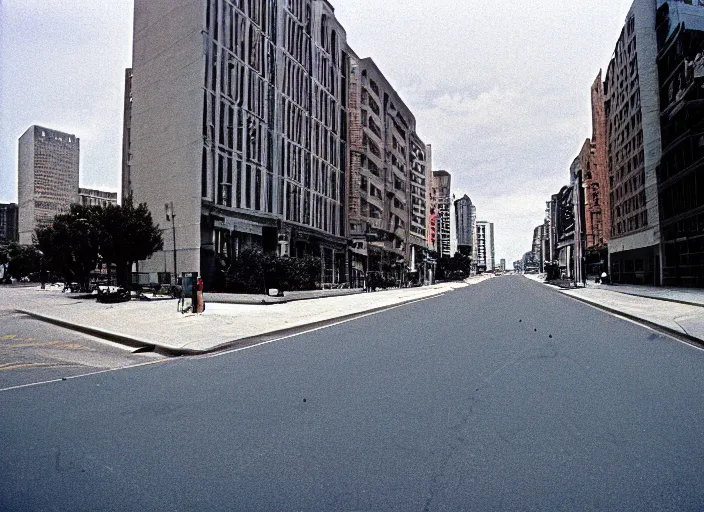 Image similar to A disposable camera picture of an empty street, Kodak Fling 200, 1983