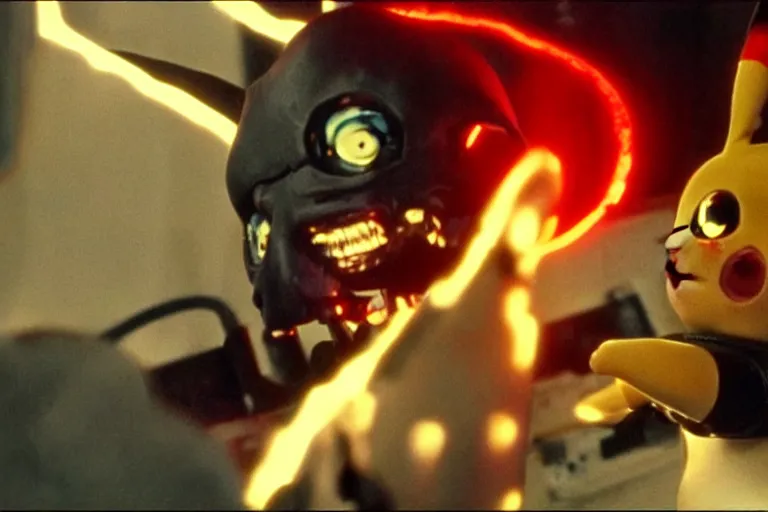 Image similar to Terminator Pikachu scene where his endoskeleton gets exposed and his eye glows red, still from the film Terminator Pikachu