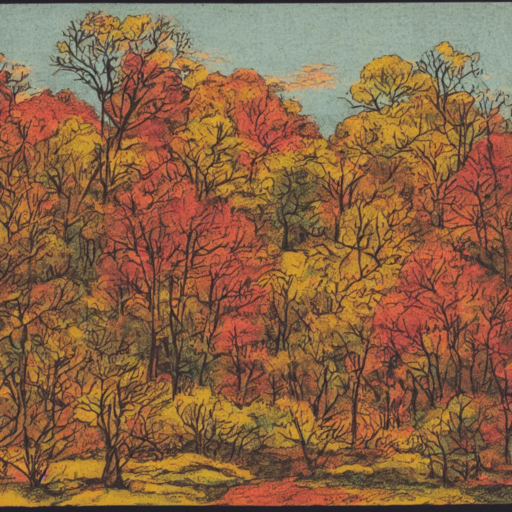 Image similar to a vintage risograph of an autumn landscape