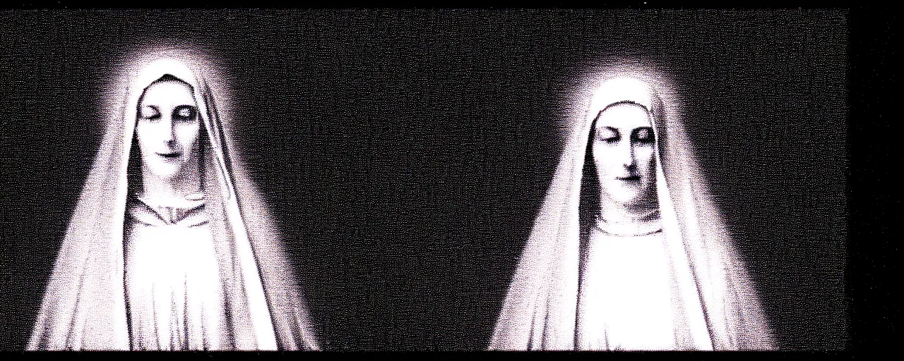 Image similar to vhs static overlay of marian apparition, vhs, 1 9 9 0, highly realistic, highly detailed, vhs noise static, black and white, vhs glitch