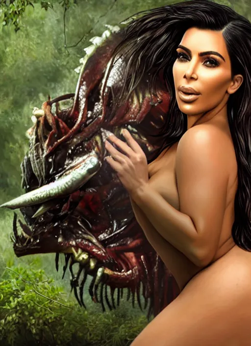 Image similar to Kim kardashian being eaten by predator, photorealism, uhd, realistic, wide shot, full shot,