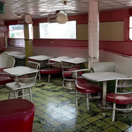 Image similar to an abandoned 1 9 5 0 s diner, pristine condition, kenopsia