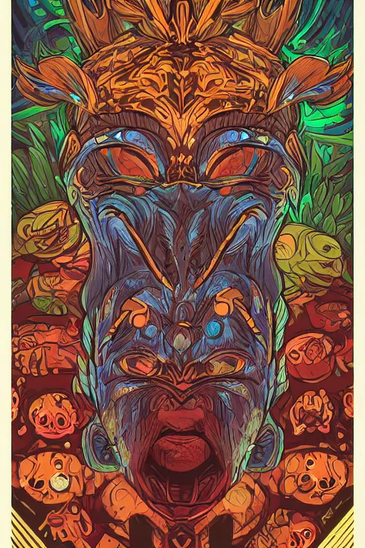 Image similar to animal mask totem roots flower tribal feather gemstone plant wood rock shaman vodoo video game vector cutout illustration vivid multicolor borderlands comics by josan gonzales and dan mumford radiating a glowing aura