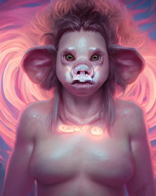 Image similar to portrait of a cute female pig, bioluminescent, veins, horror, scared, highly detailed, digital painting, cinematic, hyperrealism, dark retrowave, art by stanley lau and artgerm and magali villeneuve and alphonse mucha, artstation, octane render, cgsociety