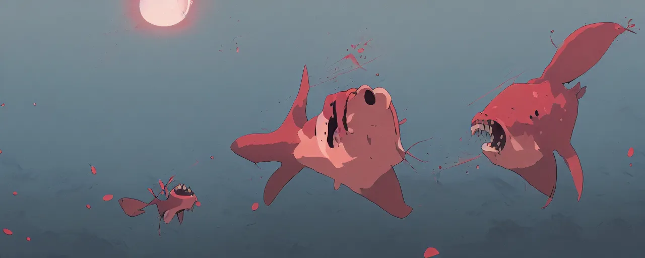 Prompt: piranhas attacking, blood in the water, atey ghailan, goro fujita, studio ghibli, rim light, terrifying, dark lighting, clear focus, very coherent