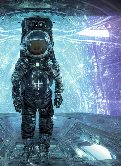 Image similar to symmetry concept art by craig mullins astronaut in futuristic dark and empty spaceship underwater. infrared glowing lights. complex and hyperdetailed technical suit. mandelbulb fractal. reflection and dispersion materials. rays and dispersion of light. volumetric light. 5 0 mm, f / 3 2. noise film photo. flash photography. unreal engine 4, octane render. interstellar movie art