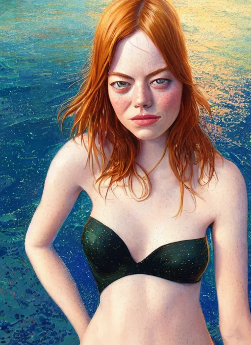 Image similar to portrait of Emma Stone in swimsuit, au naturel, hyper detailed, digital art, trending in artstation, cinematic lighting, studio quality, smooth render, unreal engine 5 rendered, octane rendered, art style by klimt and nixeu and ian sprigger and wlop and krenz cushart