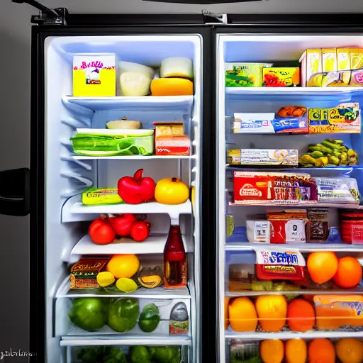 Image similar to fridge full of food, highly detailed, high quality, HD, 4k, 8k, Canon 300mm, professional photographer, 40mp, lifelike, top-rated, award winning, realistic, sharp, no blur, edited, corrected, trending