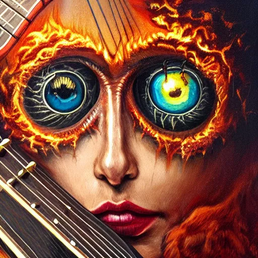 Image similar to eyes, fire, guitar, extremely Highly detailed, Occult, funny, humorous, humor, hilarious, funny, entertaining, magical, trending on artstationHQ, closeup, D&D, intricate, elegant, highly detailed, digital painting, artstation, concept art, matte, sharp focus, illustration, surrealism