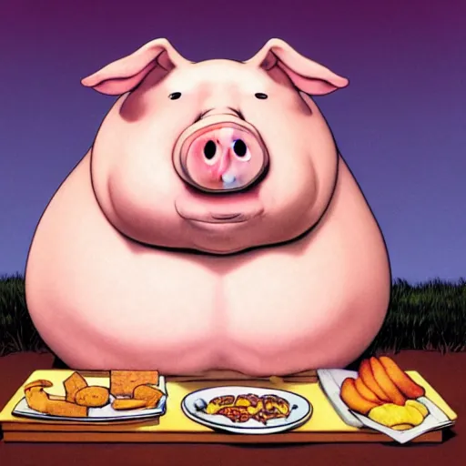 Image similar to comic art of a obese pig sitting on snacks, drawn by Bruce MacKinnon, vivid color, cgsociety 4K