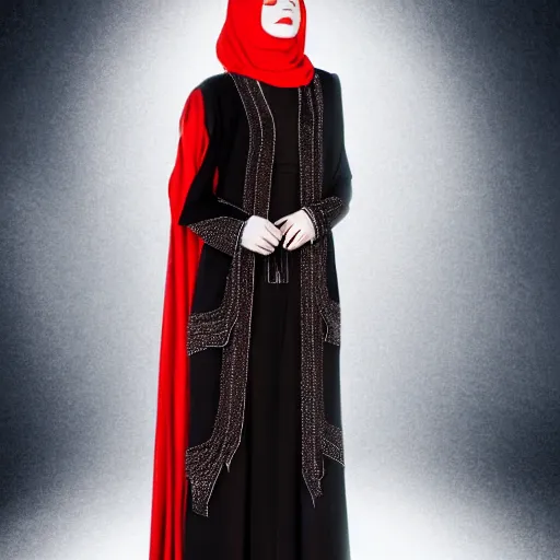 Prompt: A full body portrait of Emma Stone wearing Black Arabian Abaya, high quality, fully detailed, 4k, volumetric lightening