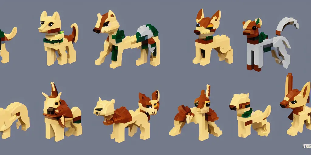 Image similar to small animals made of two or three lego bricks, four legged, quadrupedal, cute looking, kawaii, sharp focus, character sheet, game concept art