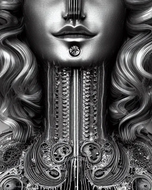 Image similar to mythical dreamy black and white organic bio-mechanical spinal ribbed profile face portrait detail of translucent steampunk mechanical beautiful female angelic-human-queen-realistic-cyborg, highly detailed, intricate crystal jelly ornate, poetic, 3D render, digital art, octane render, 8K artistic photography, photo-realistic, by Dora Maar