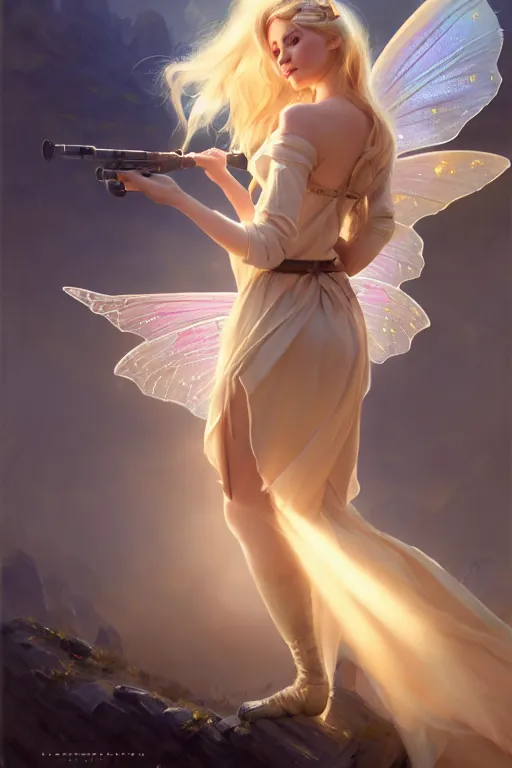 Image similar to cinematic shot of an epic portrait of a cute blonde fairy dressed in military clothes, stylised military clothes, large wings on back, shiny skin, beautiful, small details, realistic poster with volumetric light from jeremy lipkin and michael garmash, craig mallism, artgerm, unreal engine, radiant light, digital art, trends at art station, a masterpiece