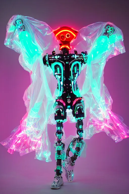 Prompt: full-body rococo and cyberpunk style mint neon and ceramic statue of a muscular attractive Spanish robot god humanoid wearing a thing see-through plastic cloak sim roupa, posing like a super hero, suspended from the sky with thick clear cables, glowing mint face, crown of red steampunk lasers, emeralds, swirling silver silk fabric. futuristic elements. oozing glowing liquid, full-length view. space robots. human skulls. throne made of bones, intricate artwork by caravaggio. Trending on artstation, octane render, cinematic lighting from the right, hyper realism, octane render, 8k, depth of field, 3D