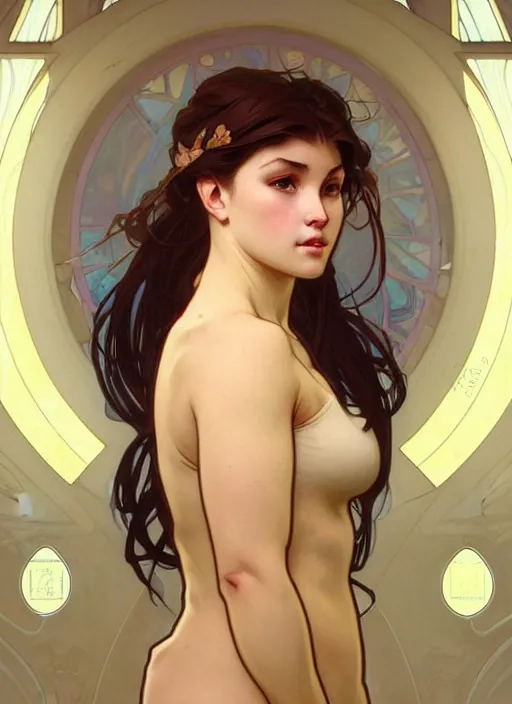 Image similar to digital character concept art by artgerm and greg rutkowski and alphonse mucha. clear portrait of a modern young wife blessed by god to uncontrollably become overwhelmingly perfect!! blonde, clothed full - figured, obviously feminine holy body!! light effect. hyper detailed, glowing lights!! intricate, elegant, digital painting, artstation, smooth, sharp focus