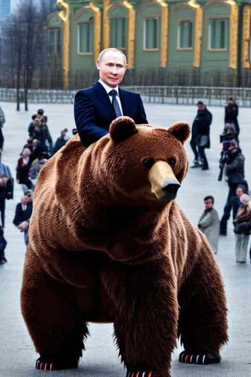 Image similar to a picture of putin ride robotic bear in moscow. - photorealistic, face features, elegant, confident posse, reduce duplicate image, pullitzer winning, taken with canon eos 5 d mark iv, versatile, lens interoperability, autofocus, 4 k uhd video capture at 3 0 fps, 8 k time - lapse functions, by karah mew, jodie bateman