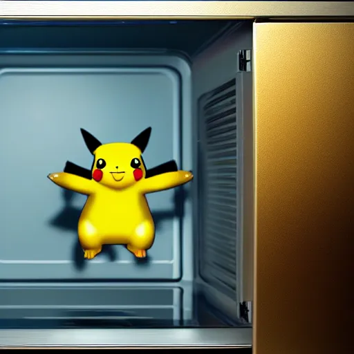 Image similar to stunning awe inspiring photorealistic pikachu inside a microwave, movie still 8 k hdr atmospheric lighting