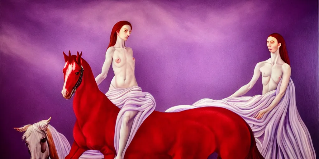 Image similar to only with purple, ney motogrosso in love with a red stallion, too many hands in all directions, in hoc signo vinces, waterfall, in the style of leonora carrington, gottfried helnwein, intricate composition, blue light by caravaggio, insanely quality, highly detailed, masterpiece, red light, artstation